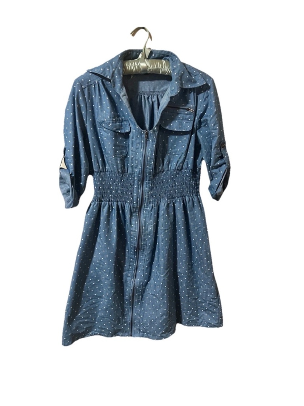 J Glee Blue Short Dress Size L Polka Dot Zip Front Elastic Waist Roll Up Sleeves